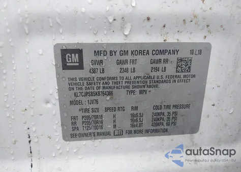 2019 Chevrolet Trax Lt z USA, uszkodzony, nr VIN KL7CJPSB5KB764366